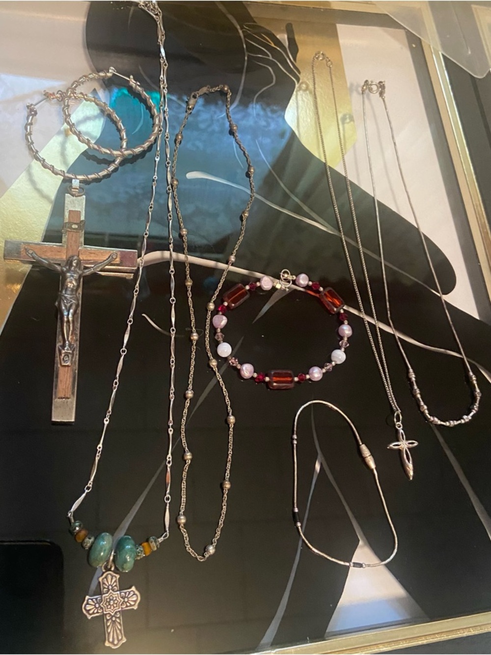Silver Jewelry Lot- 4 Necklaces,2 Bracelets, 1 Pair Earrings&A Wall Cross #7